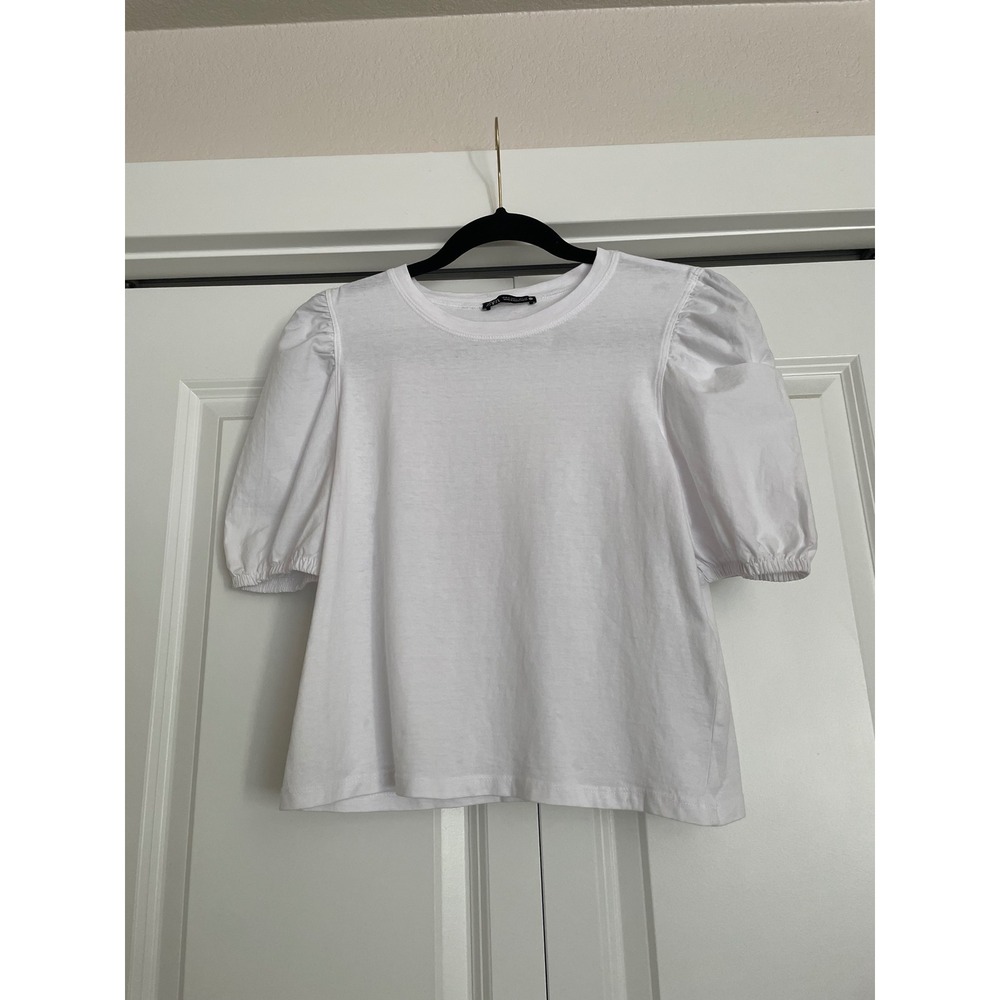 Zara Puff Sleeve Tee White Cotton Short Balloon Sleeve Crew Neck Top Basic-Small